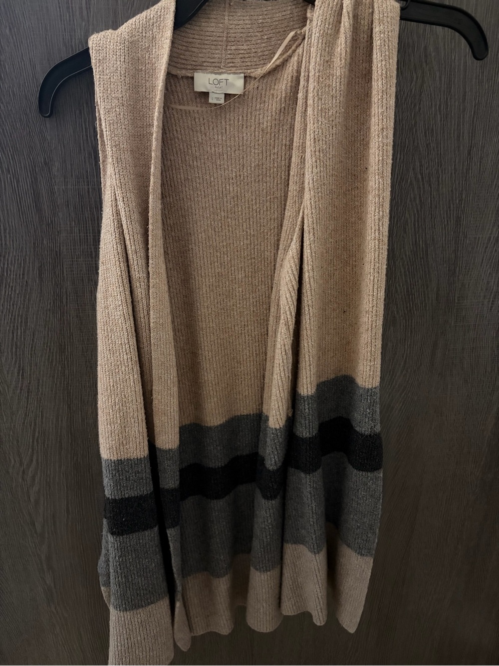 LOFT Beige Open-Front Cardigan with Gray and Black Stripes